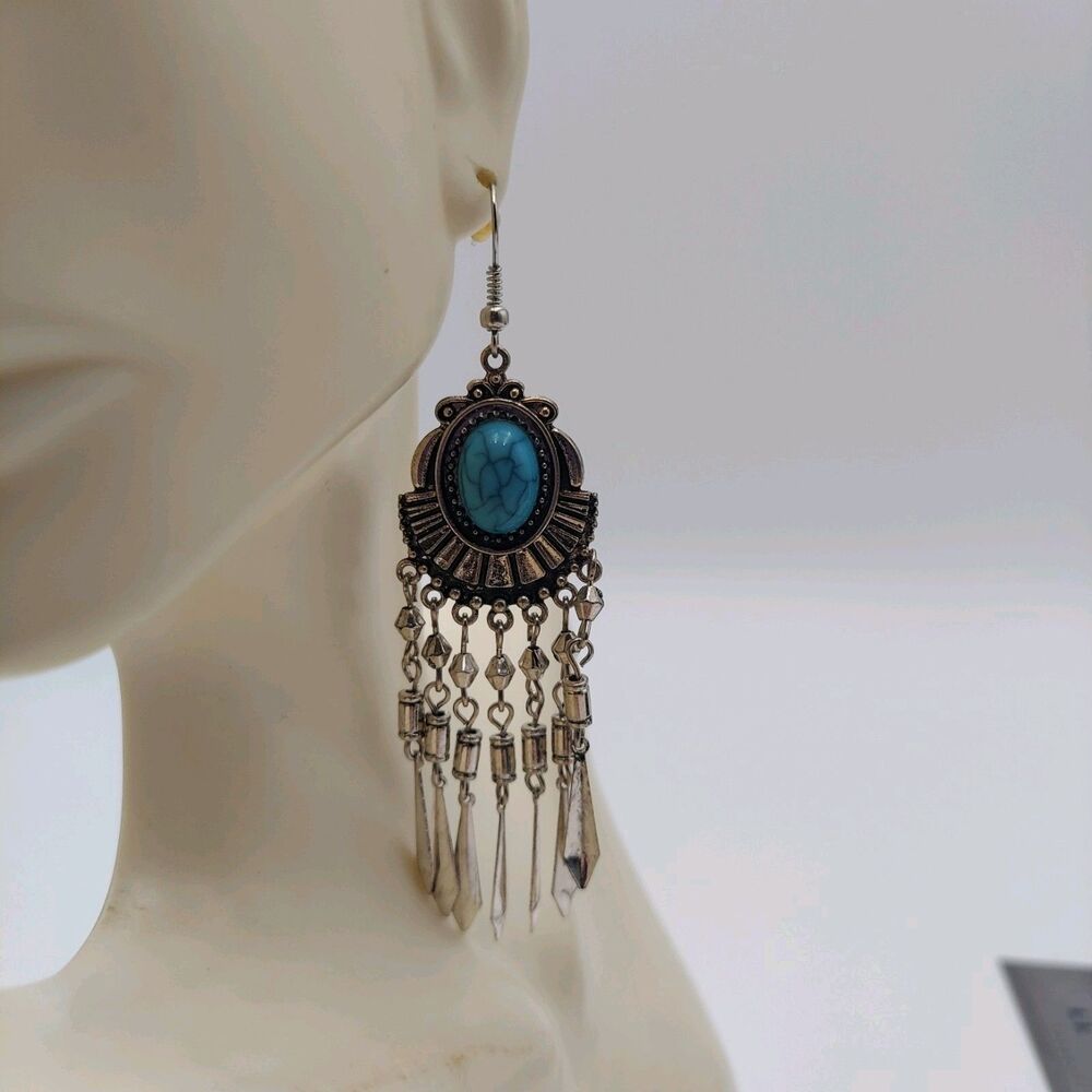 Dangle Drop Earrings Turquoise & Silver Color 3 1/2"